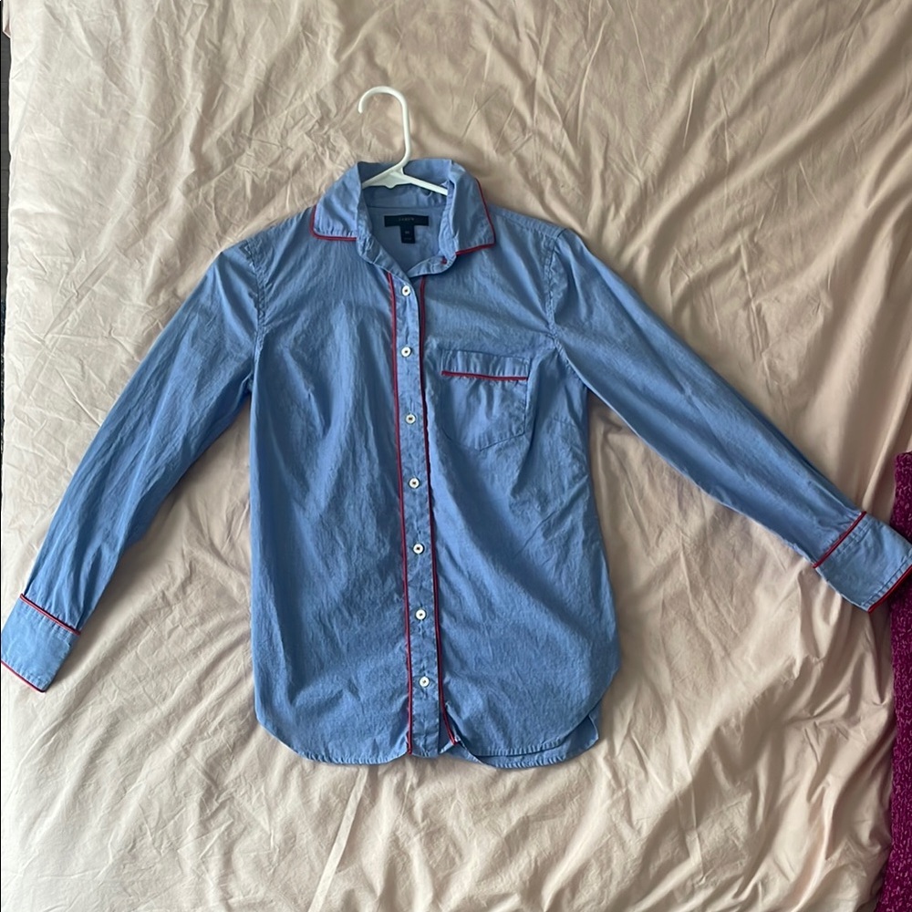 00 J. Crew Blue Button-Down Shirt with Red Trim